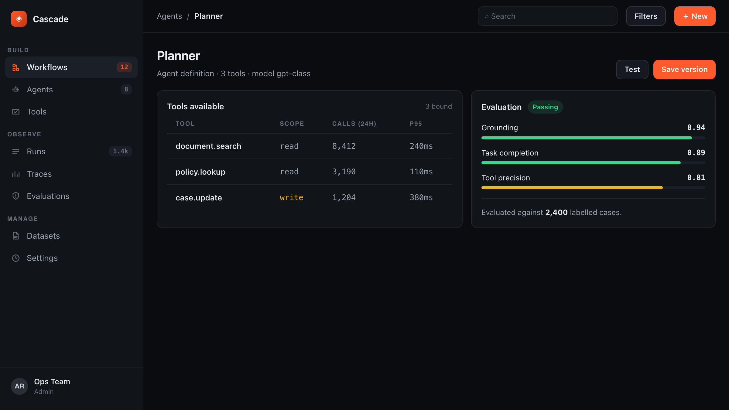 Agent definition screen showing bound tools and evaluation scores