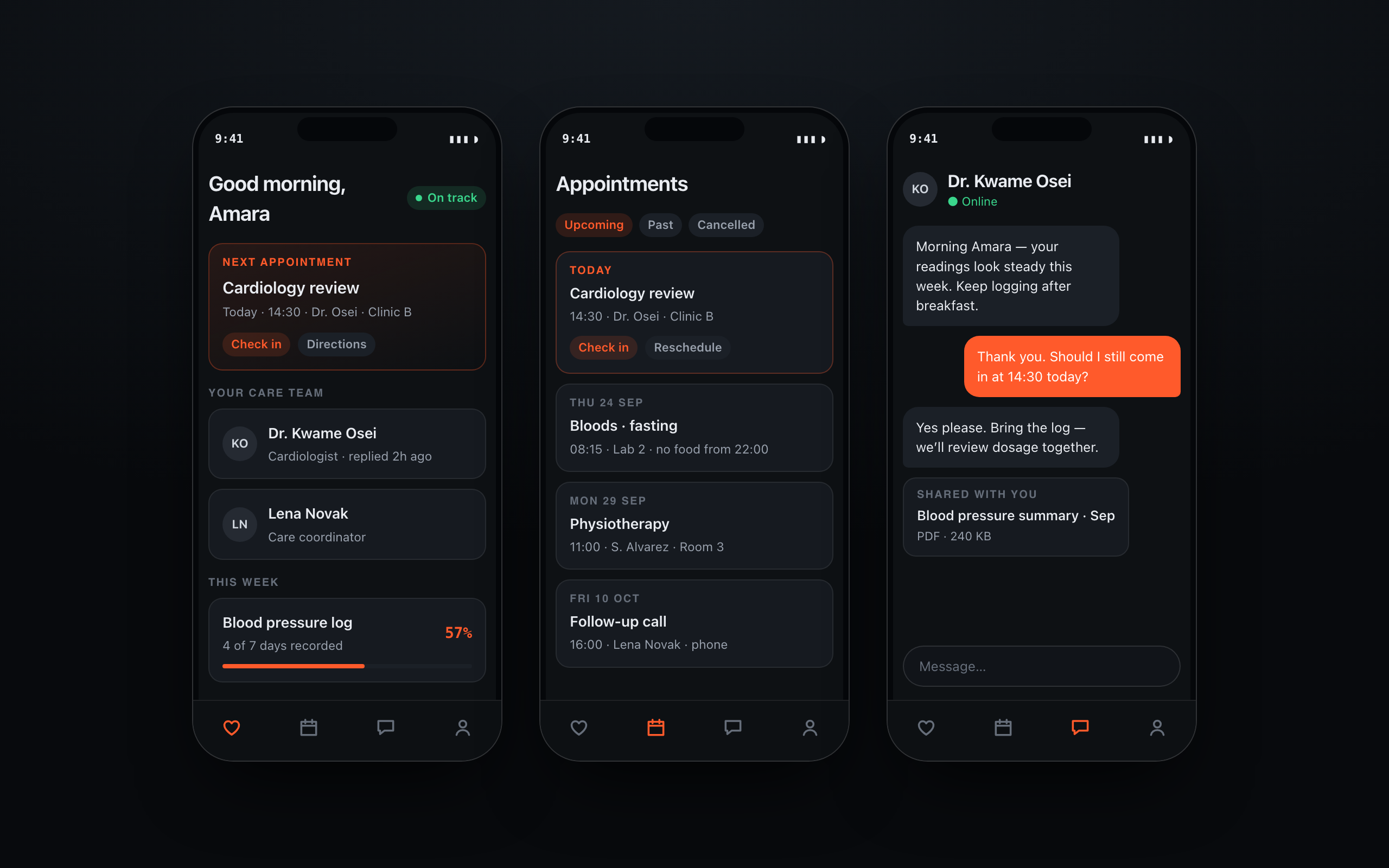 Three app screens showing the patient home, appointments and care-team chat