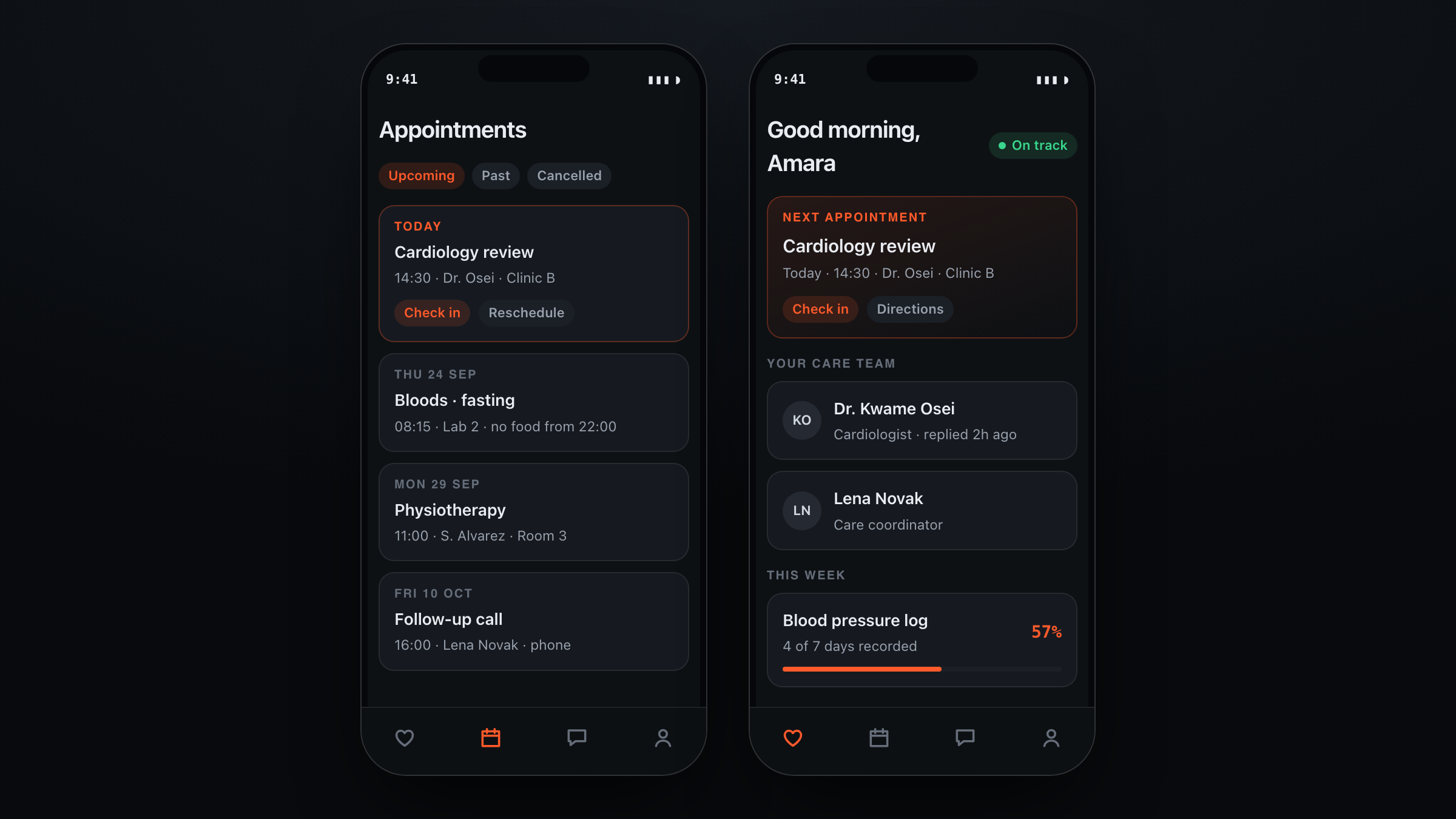 Appointments screen listing upcoming visits with check-in actions